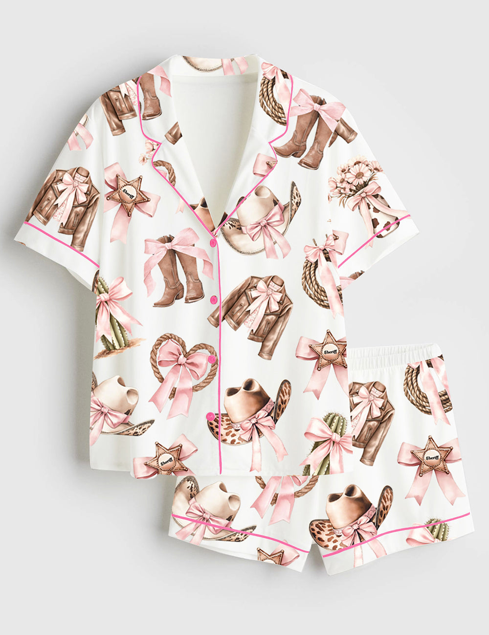 Women's Western Coquette Cowgirl Boots Short Sleeve Satin Pajama Set