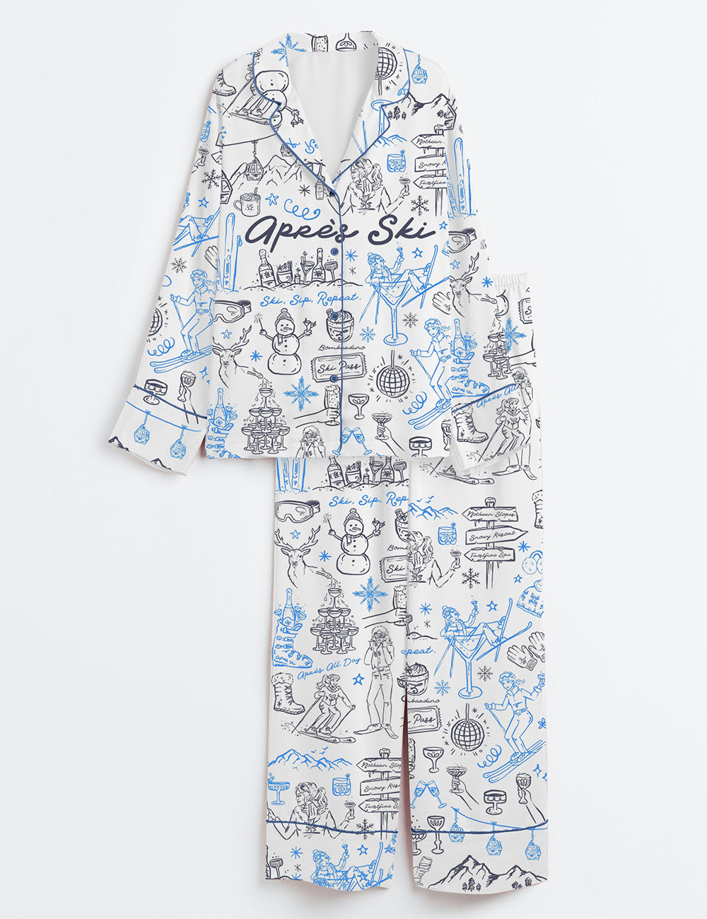 Women’s Skiing Apres Ski Winter Snow Holiday Long Sleeve Satin Pajama Set