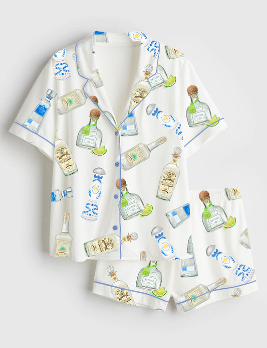 Women’s Tequila Bottles Watercolor Bar Cart Art Short Sleeve Satin Pajama Set