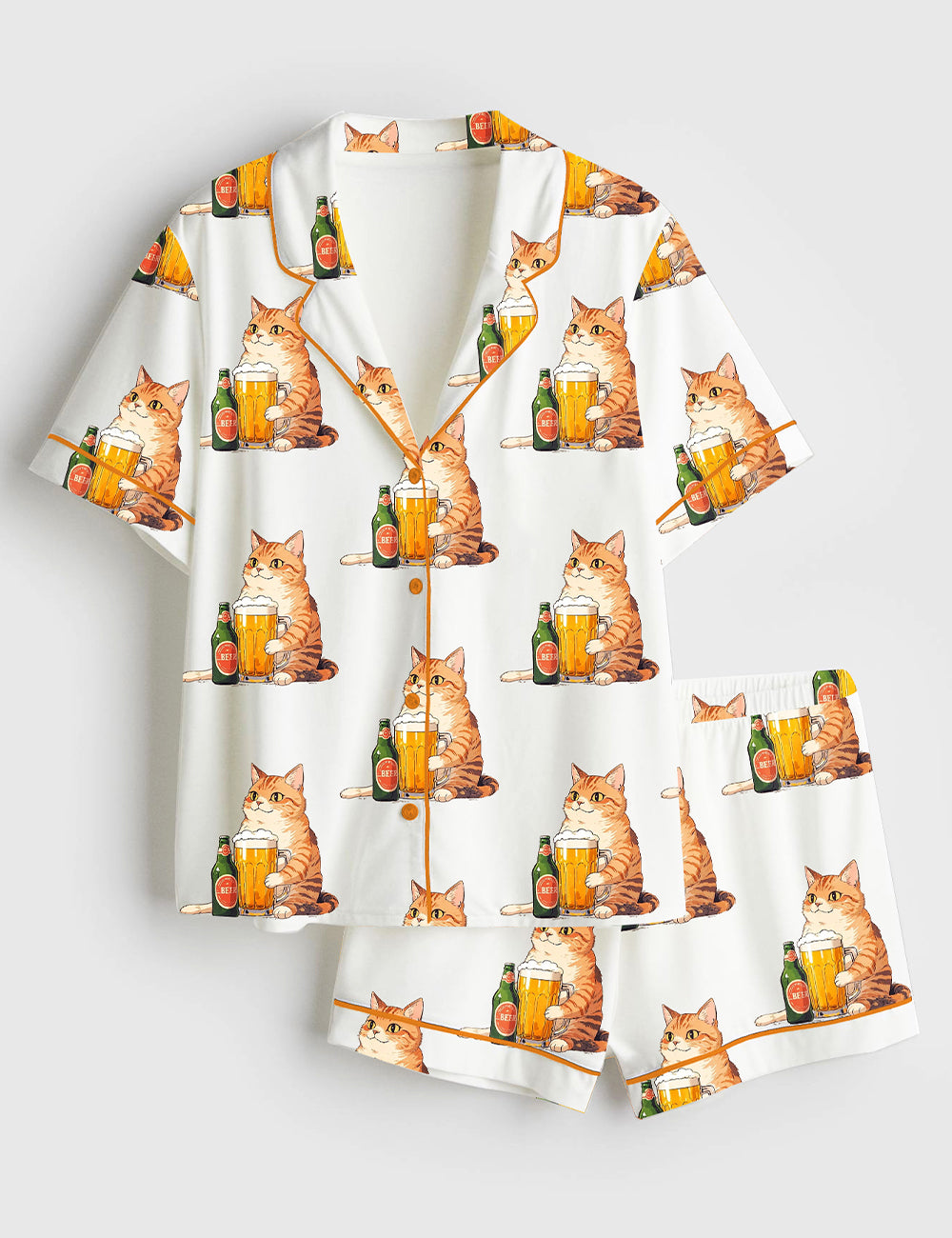 Women’s Cat Drinking Beer Short Sleeve Satin Pajama Set