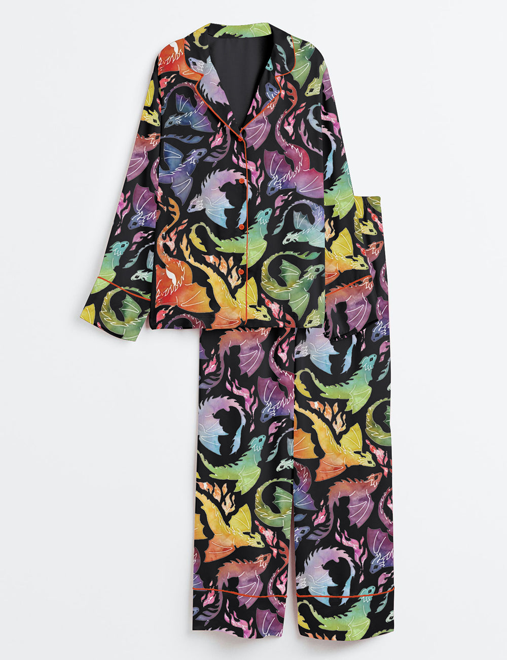 Women’s Dragon Fire Rainbow Black Long Sleeve Satin Pajama Set