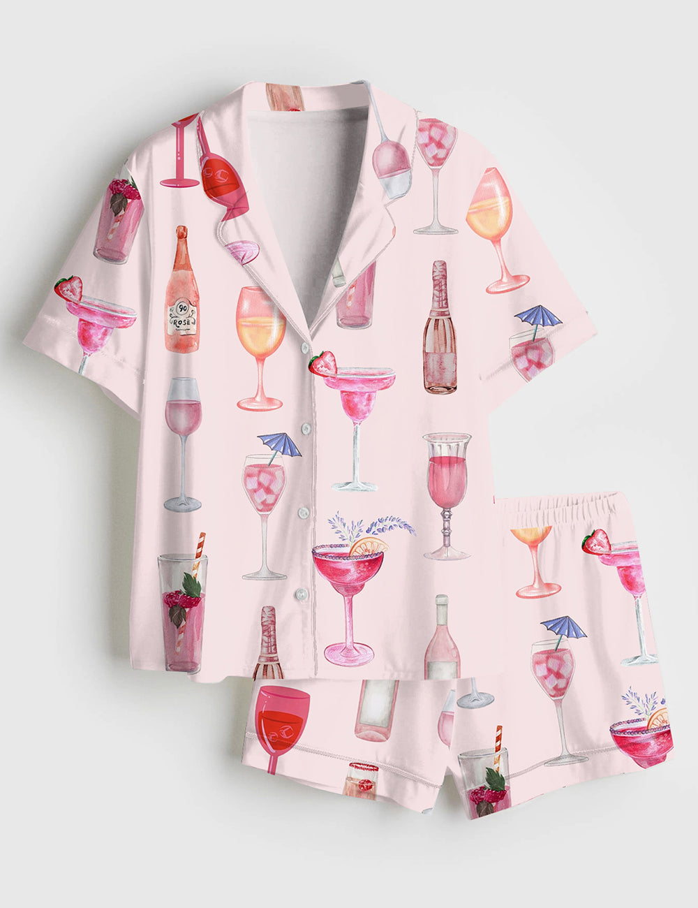 Women’s Retro Watercolor Champagne Cocktail Wine Bottle Pink Short Sleeve Satin Pajama Set