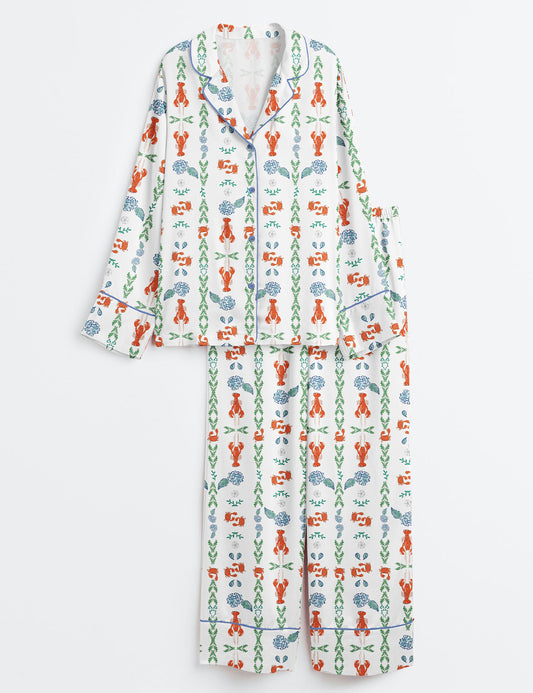 Women’s La Dolce Vita Lobster New England Coastal Fisherman Long Sleeve Satin Pajama Set