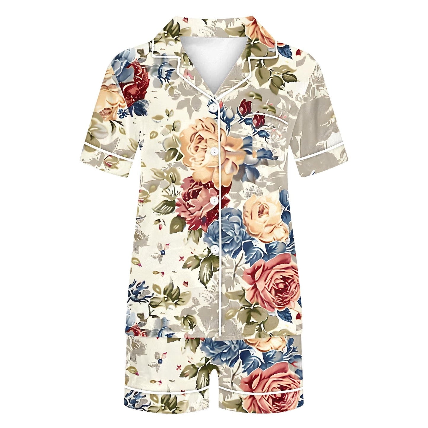 Aloohaidyvio Womens Silk Satin Pajama Set Print Short Sleeve Sleepwear Button Down Pjs Shorts Set Loungewear Sizes L