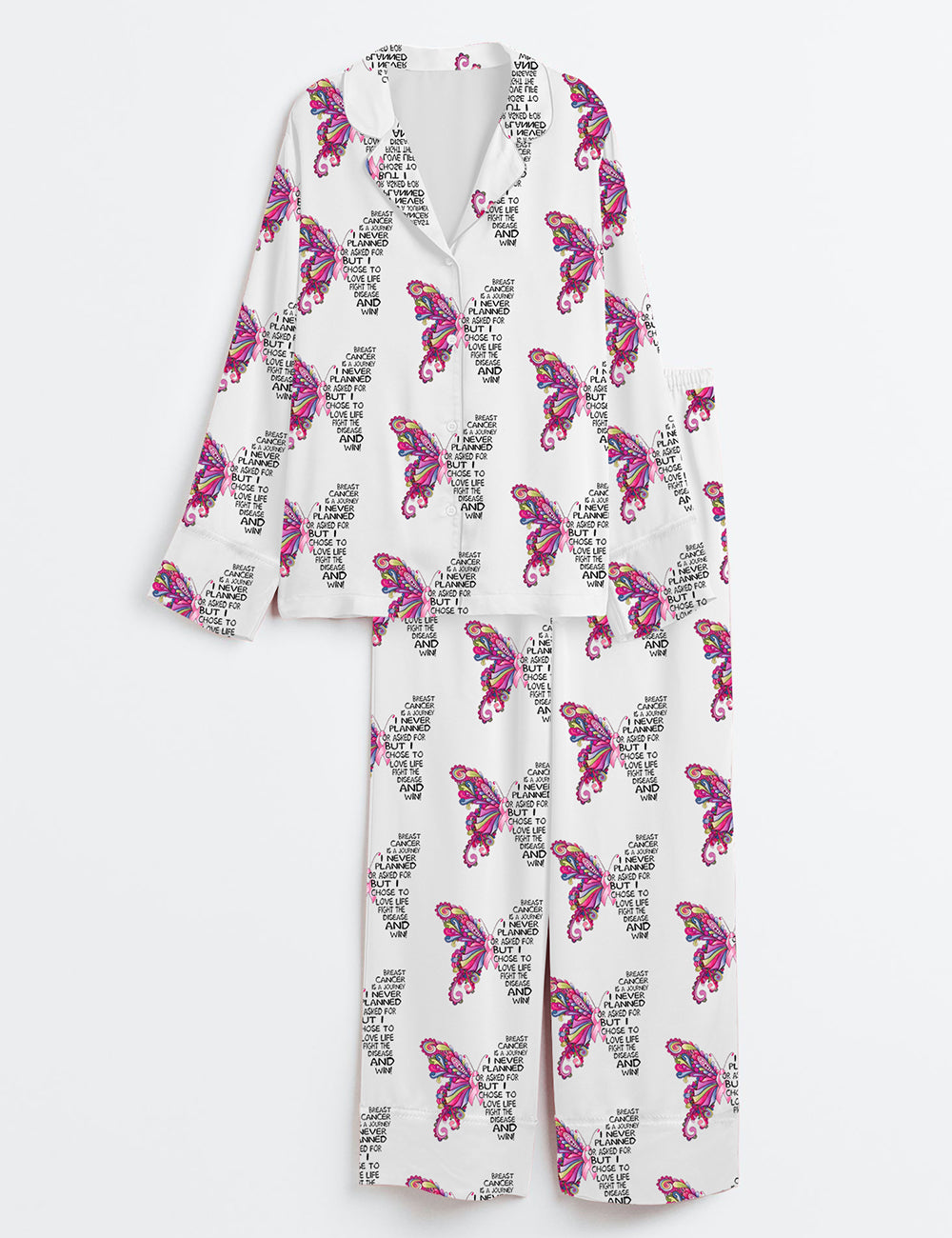 Women’s Breast Cancer Awareness Cancer Hope Pink Ribbon Pink Butterfly Print Long Sleeve Satin Pajama Set