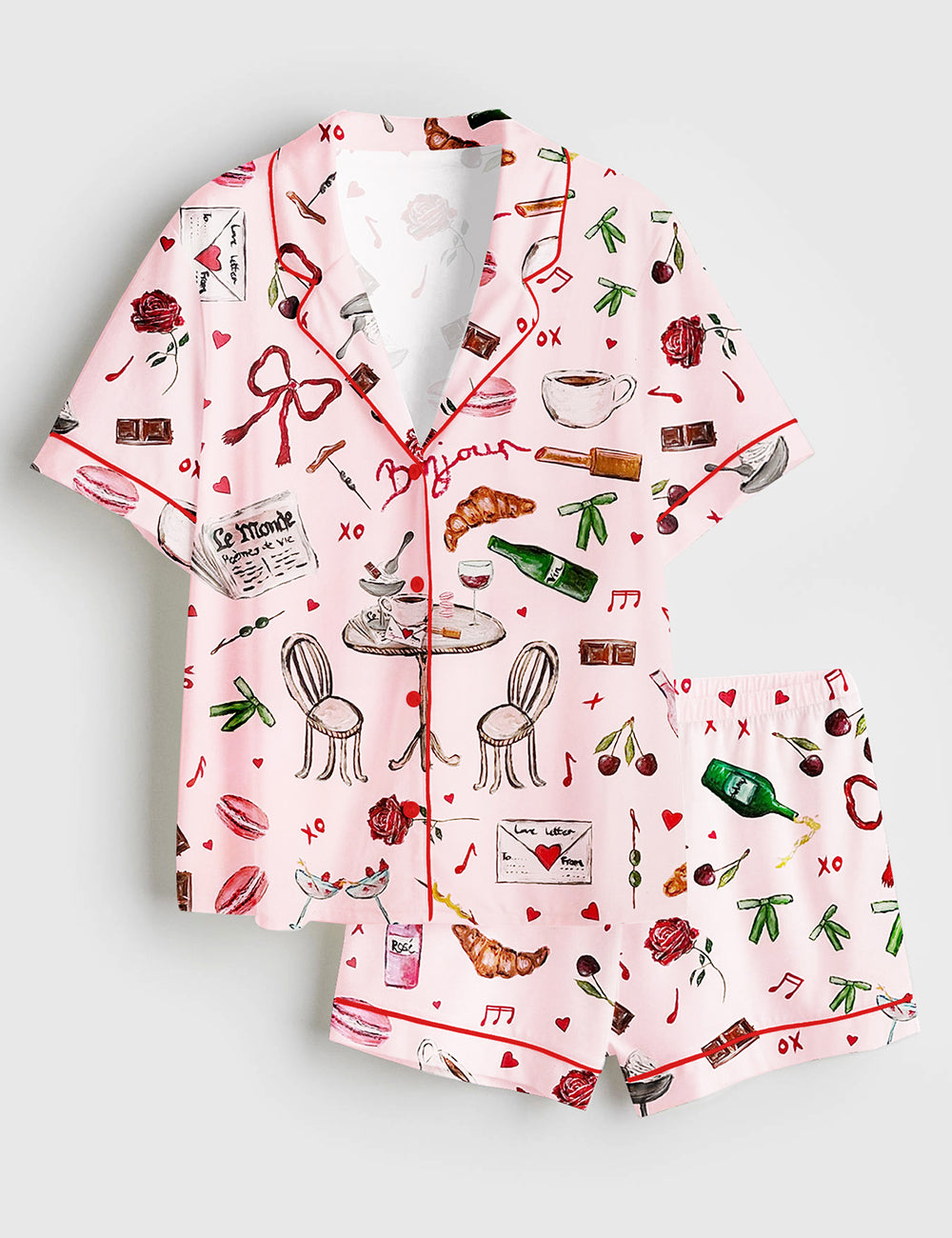 Women's Bonjour Print Short Sleeve Satin Pajama Set
