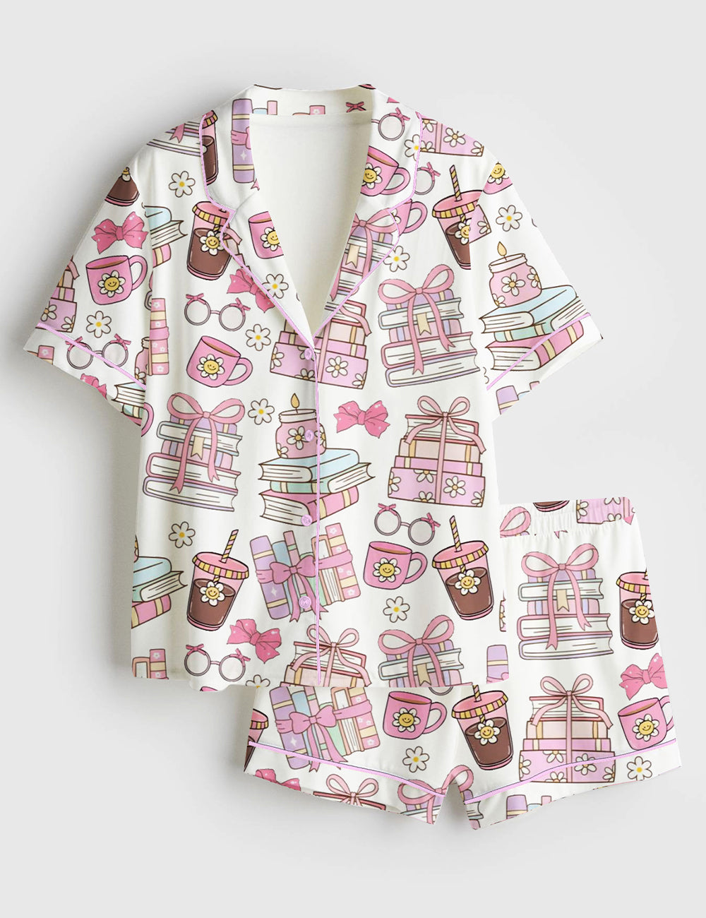 Women’s Books Coffee Bookish Girly Short Sleeve Satin Pajama Set