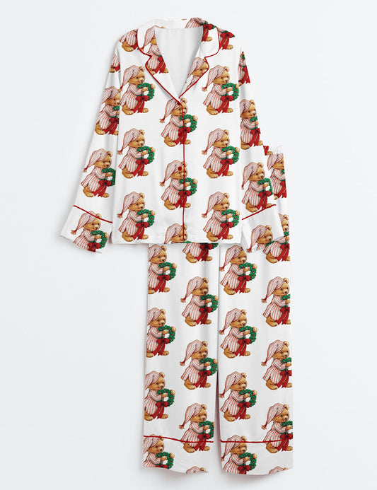 Women’s Christmas Bear Holding A Wreath Long Sleeve Satin Pajama Set