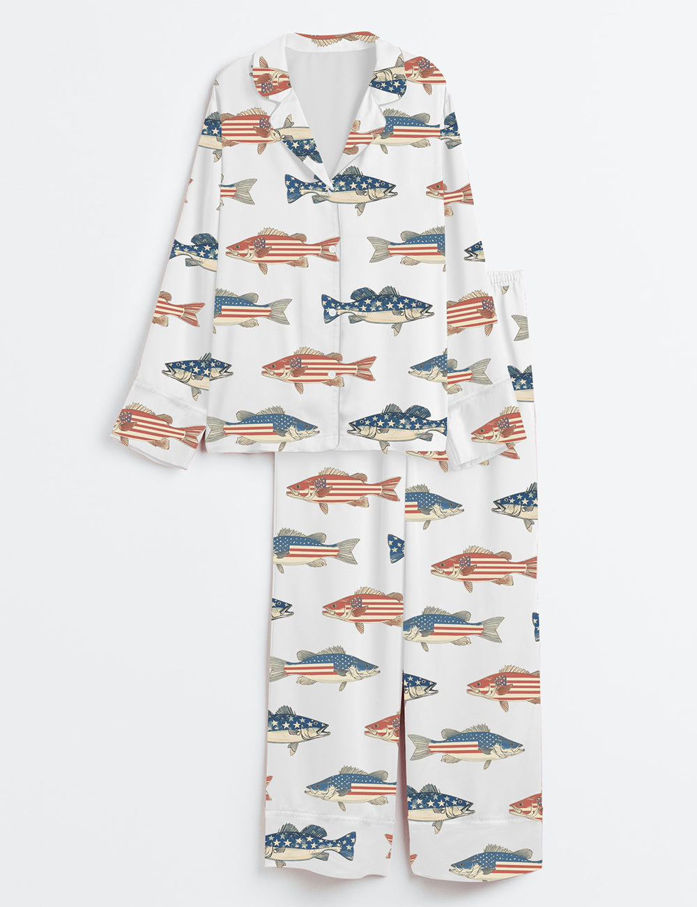 Women’s Patriotic Bass Fishing 4th Of July American Flag Independence Day Long Sleeve Satin Pajama Set