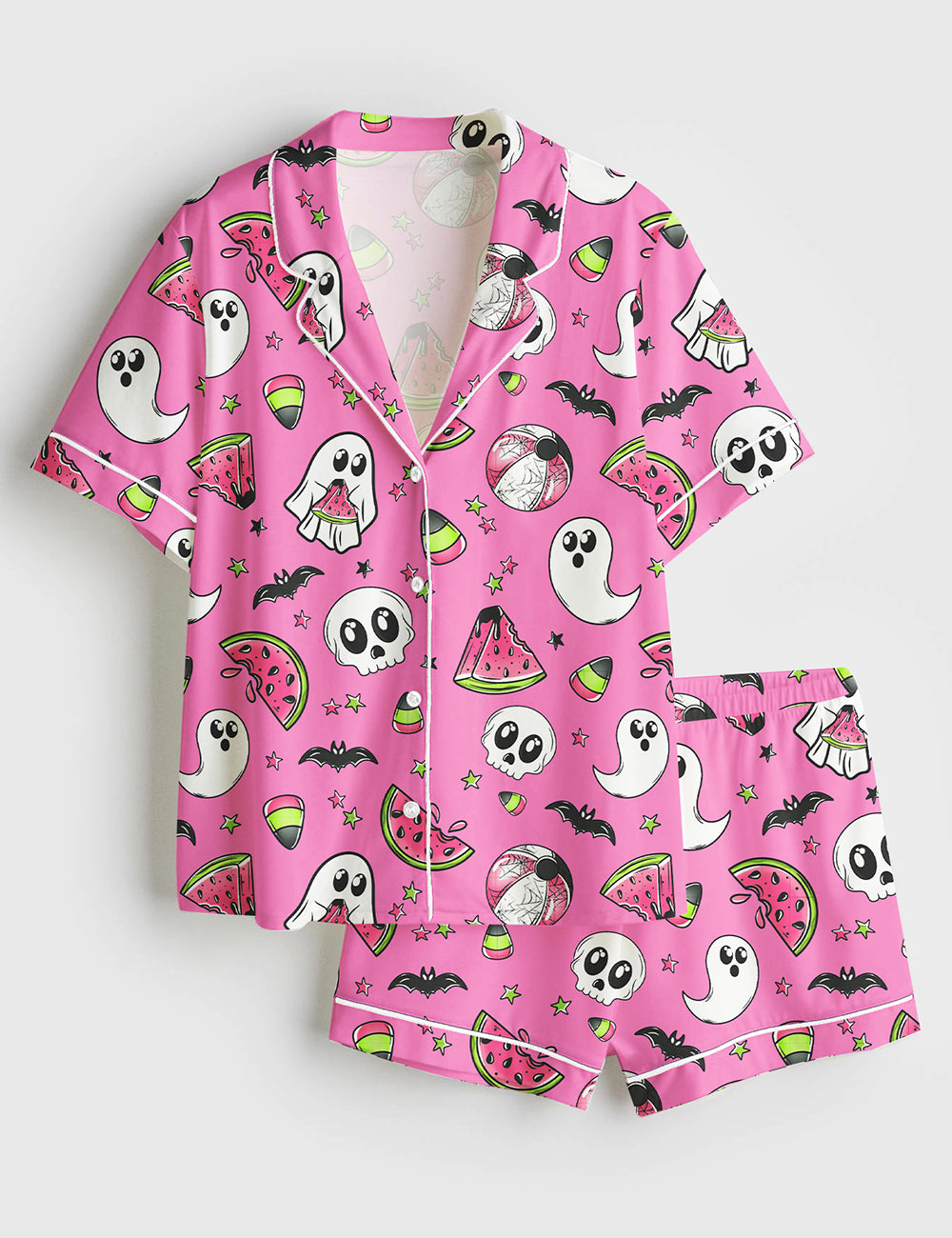 Women’s Summerween Watermelon Ghost Halloween Short Sleeve Satin Pajama Set