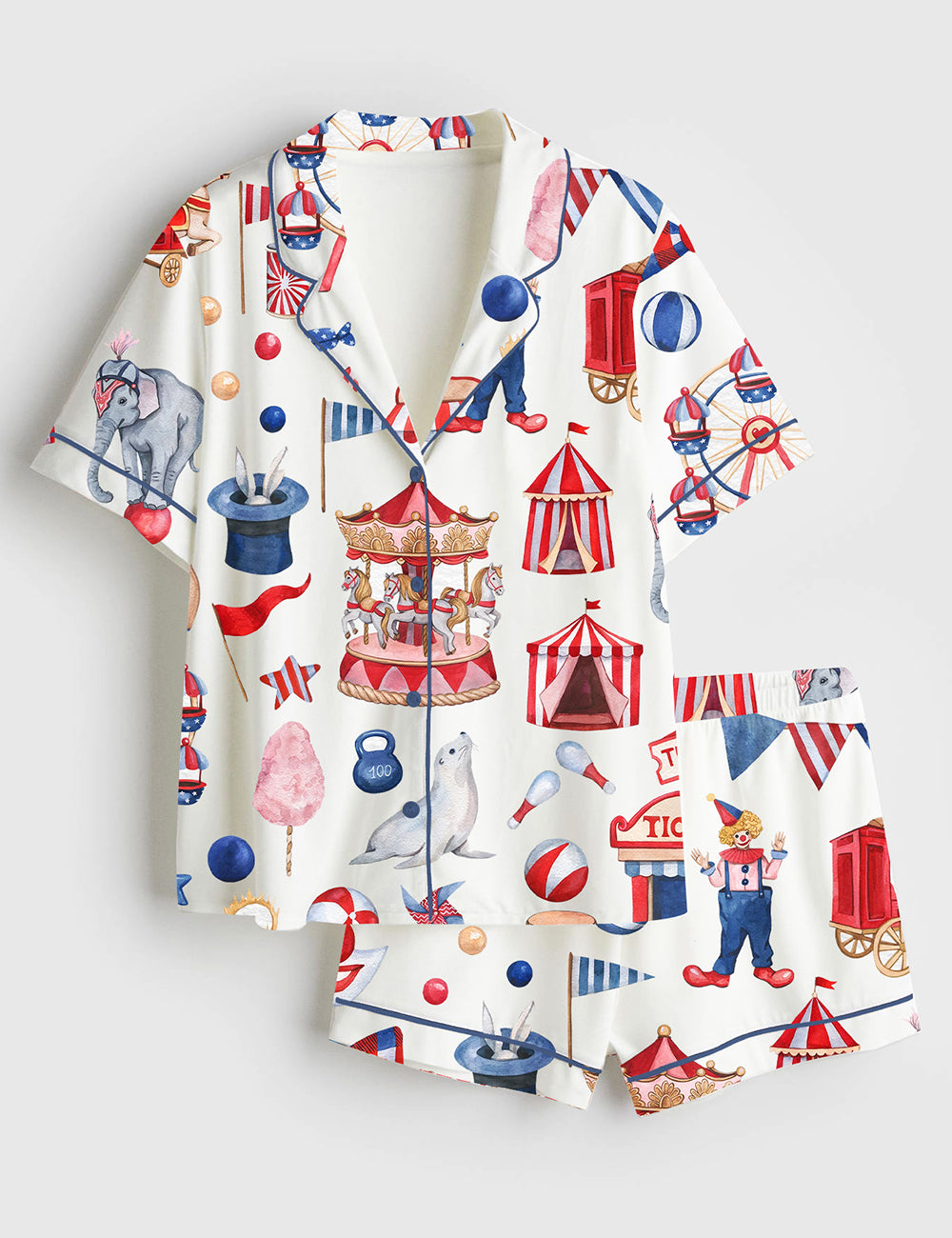 Women's Watercolor Carousel Circus Carnival Animals Show Clipart Short Sleeve Satin Pajama Set