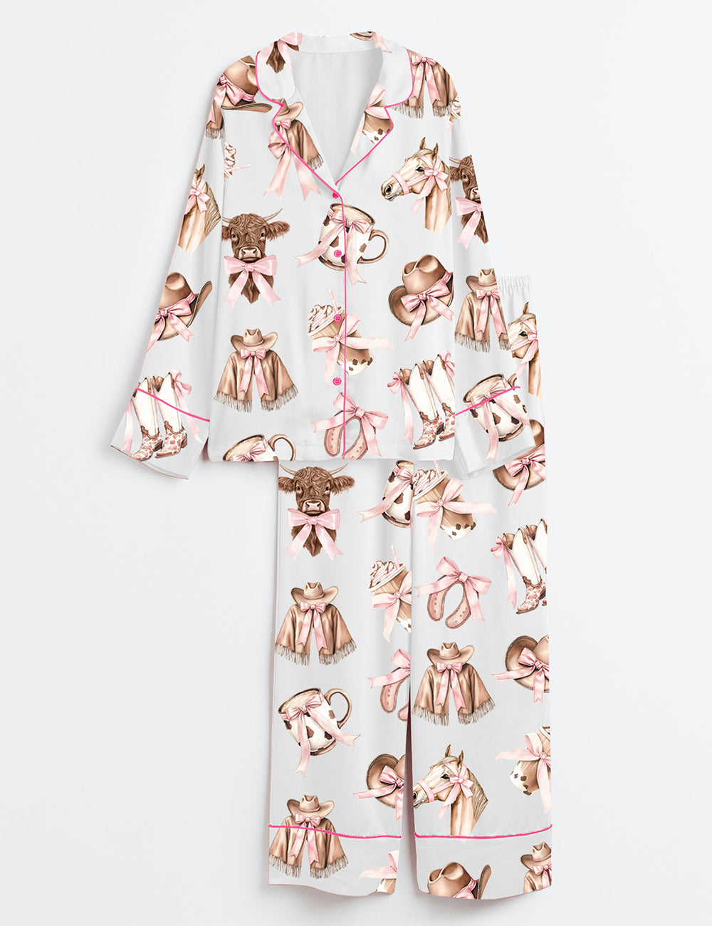 Women's Western Cowgirl Highland Cow Long Sleeve Satin Pajama Set