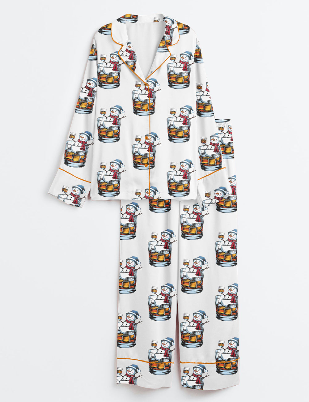 Women’s Snowman Christmas Whiskey Bourbon Long Sleeve Satin Pajama Set