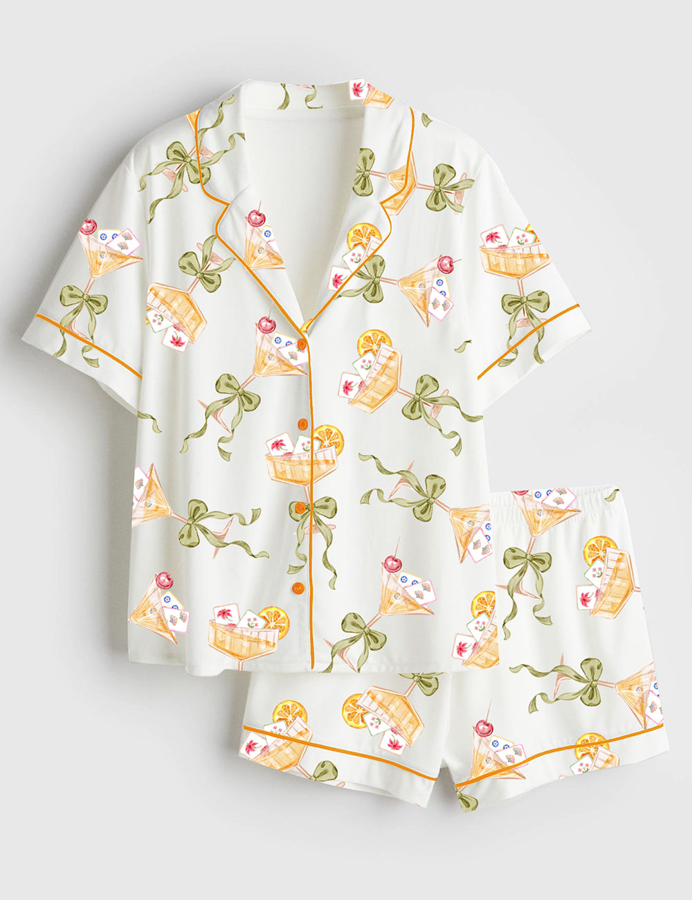 Women’s Watercolor Cocktail Mahjong Chinoiserie Martini Party Short Sleeve Satin Pajama Set