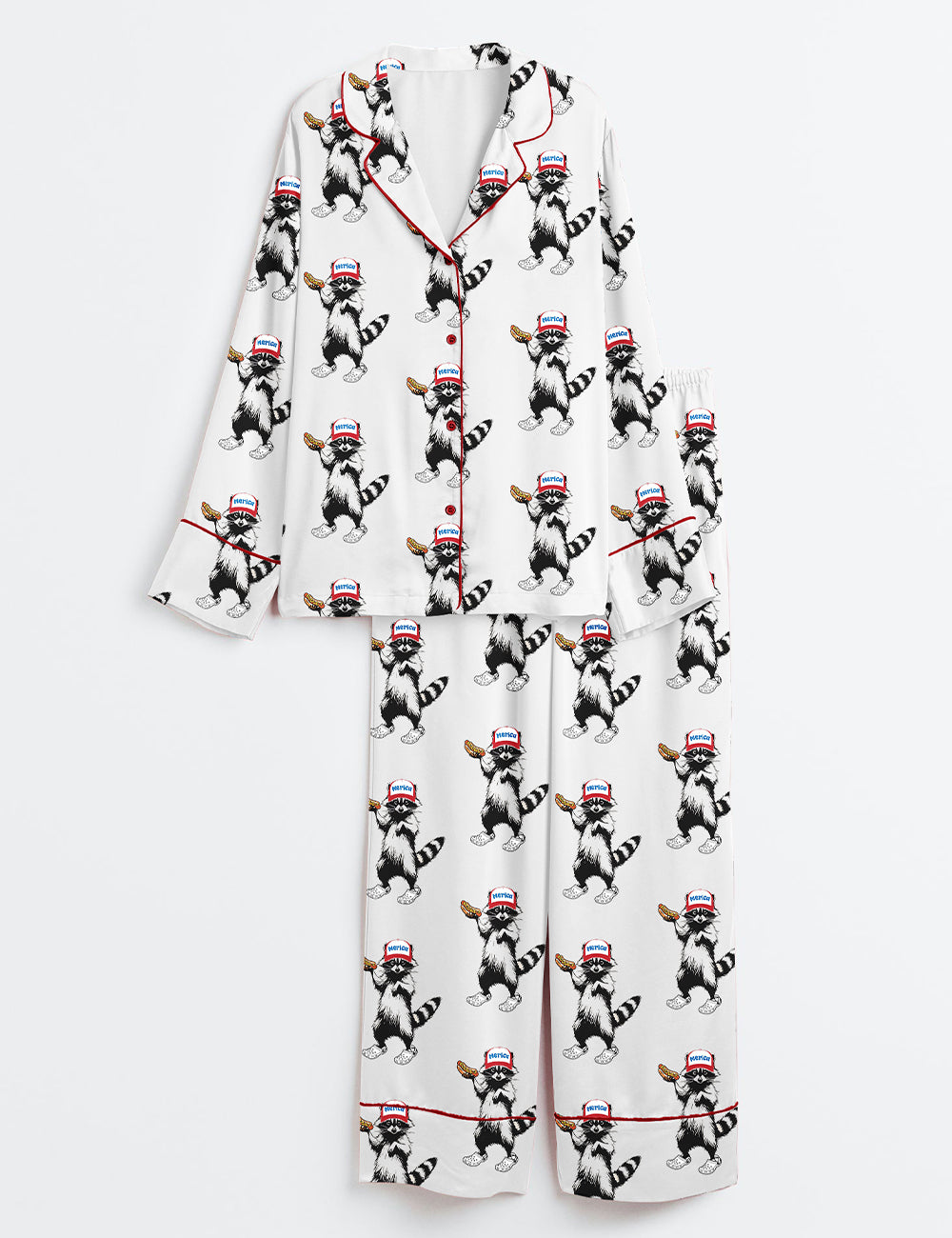 Women’s Red White And Feral Funny Raccoon 4th Of July Long Sleeve Satin Pajama Set