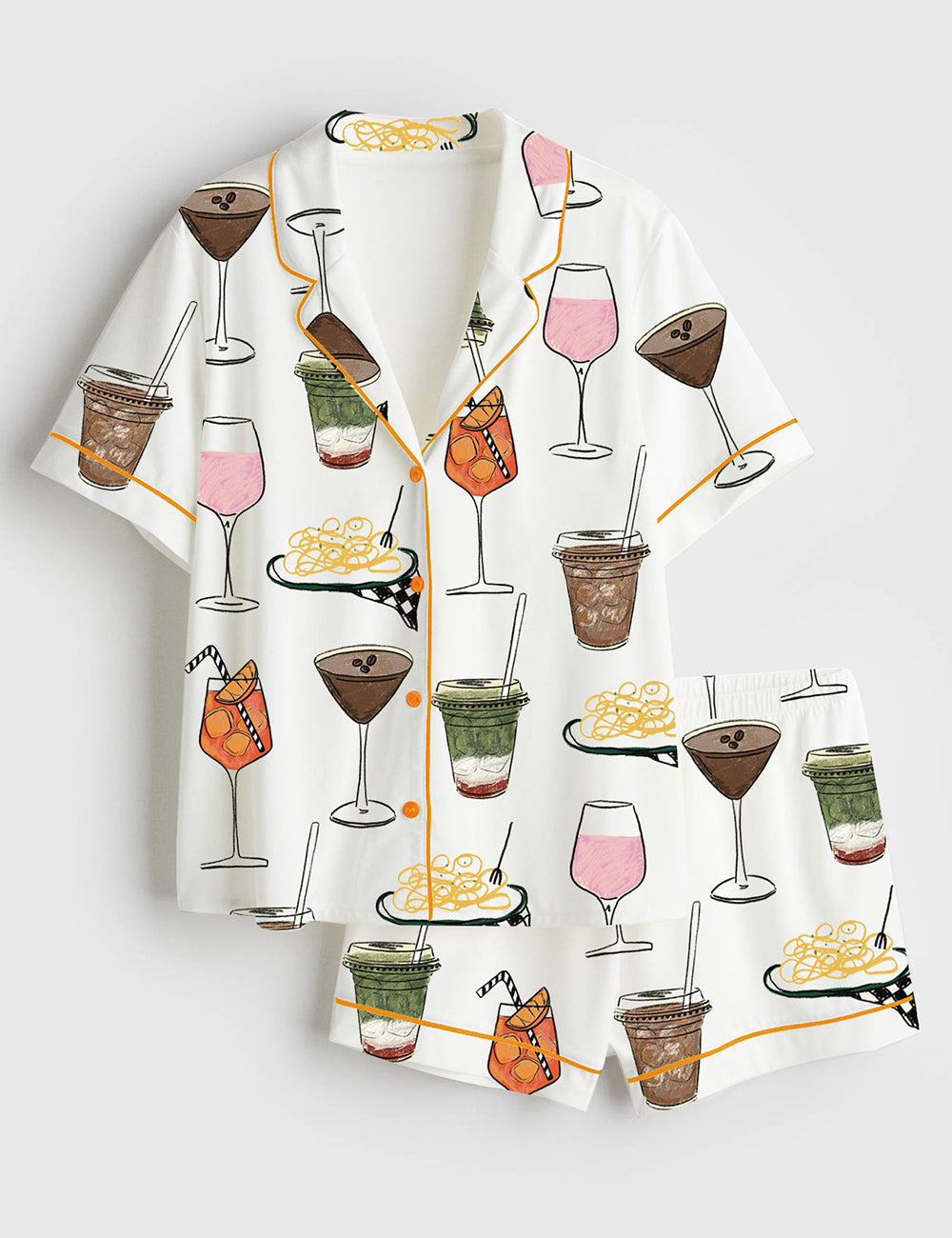 Women’s Martini Coffee Julep Cocktail Margarita Margs and Matrimony Spaghetti Bachelorette Wedding Drinks Short Sleeve Satin Pajama Set