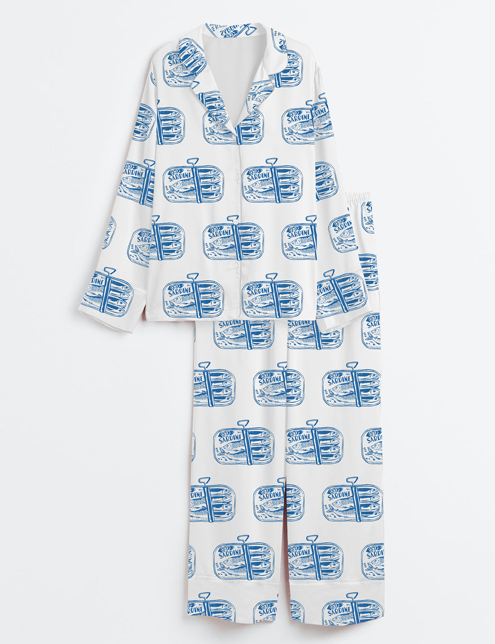 Women’s Sardines Tinned Fish Portugal Vintage Sardine Coastal Aesthetic Europe Travel Print Long Sleeve Satin Pajama Set