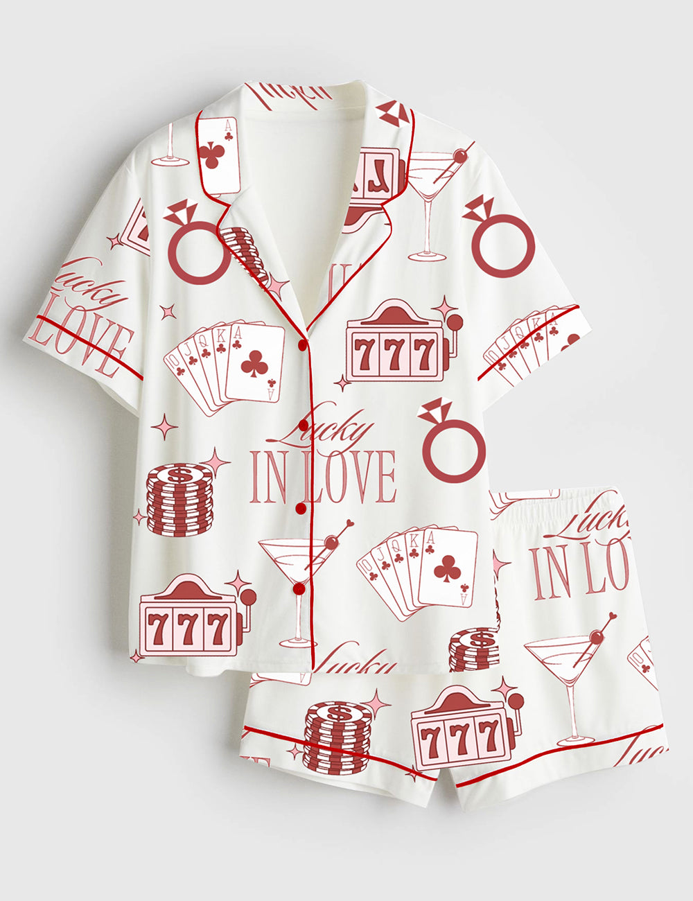 Women’s Lucky In Love Bachelorette Casino Bachelorette Party Los Vegas Bachelorette Martini Print Short Sleeve Satin Pajama Set