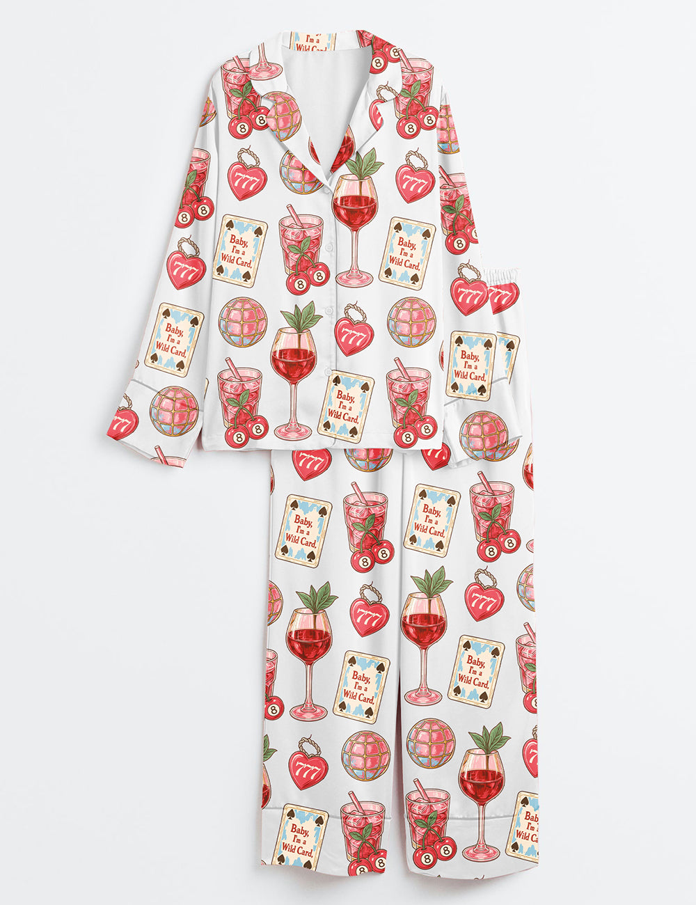 Women’s Western Wild Card Cherry Retro Coquette Western Collage Trendy Western Print Long Sleeve Satin Pajama Set