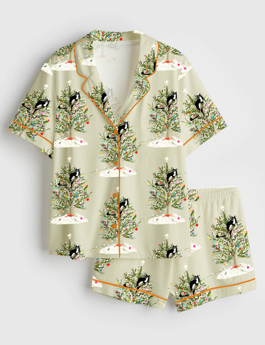 Women’s Christmas Tree Cat Short Sleeve Satin Pajama Set