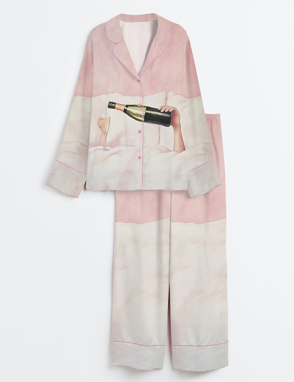 Women’s Pastel Pink Champagne In Bed Coquette Bar Cart Art Long Sleeve Satin Pajama Set