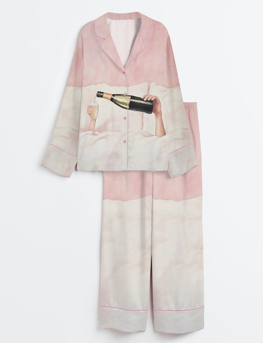 Women’s Pastel Pink Champagne In Bed Coquette Bar Cart Art Long Sleeve Satin Pajama Set