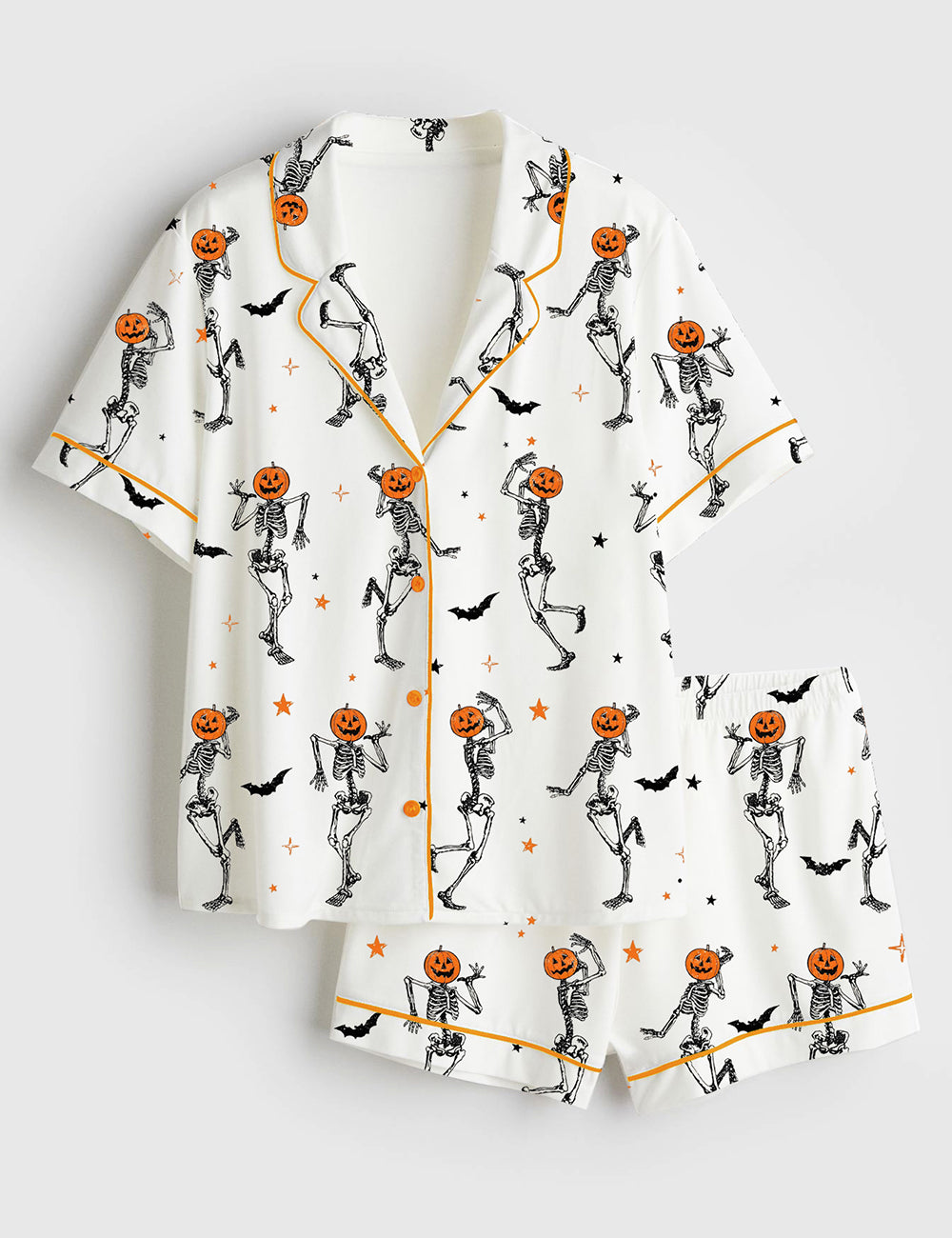 Women’s Dancing Skeleton Pumpkin Retro Halloween Short Sleeve Satin Pajama Set