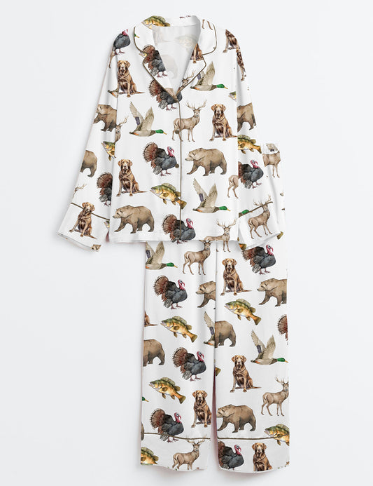 Women’s Hunting Dog Mallard Duck Chocolate Labrador Deer Bear Turkey Fish Print Long Sleeve Satin Pajama Set