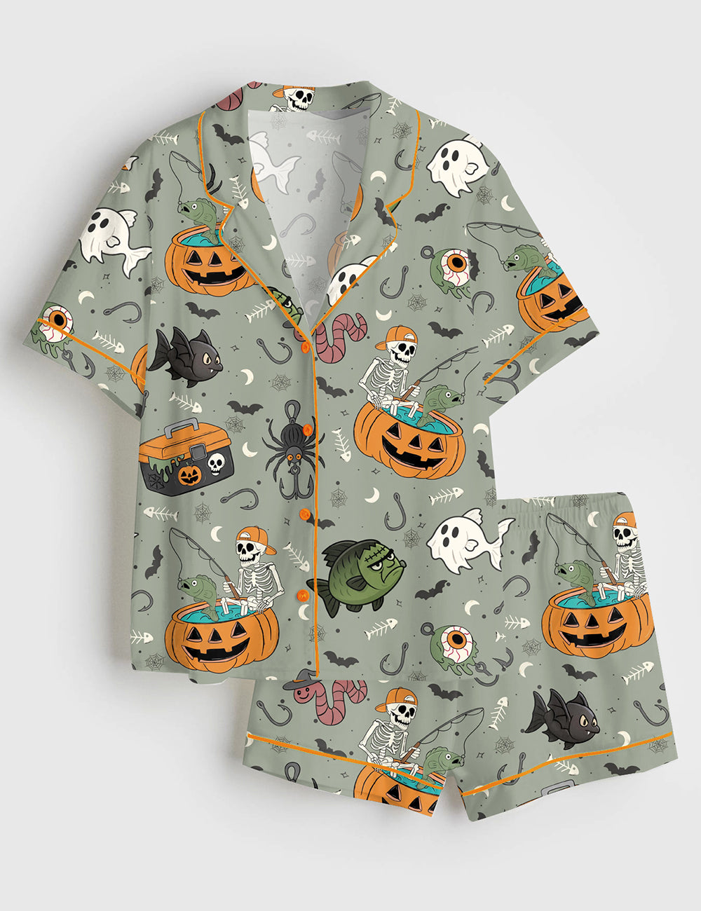 Women’s Reel Scared Halloween Fishing Skeleton Fisherman Outdoor Print Short Sleeve Satin Pajama Set