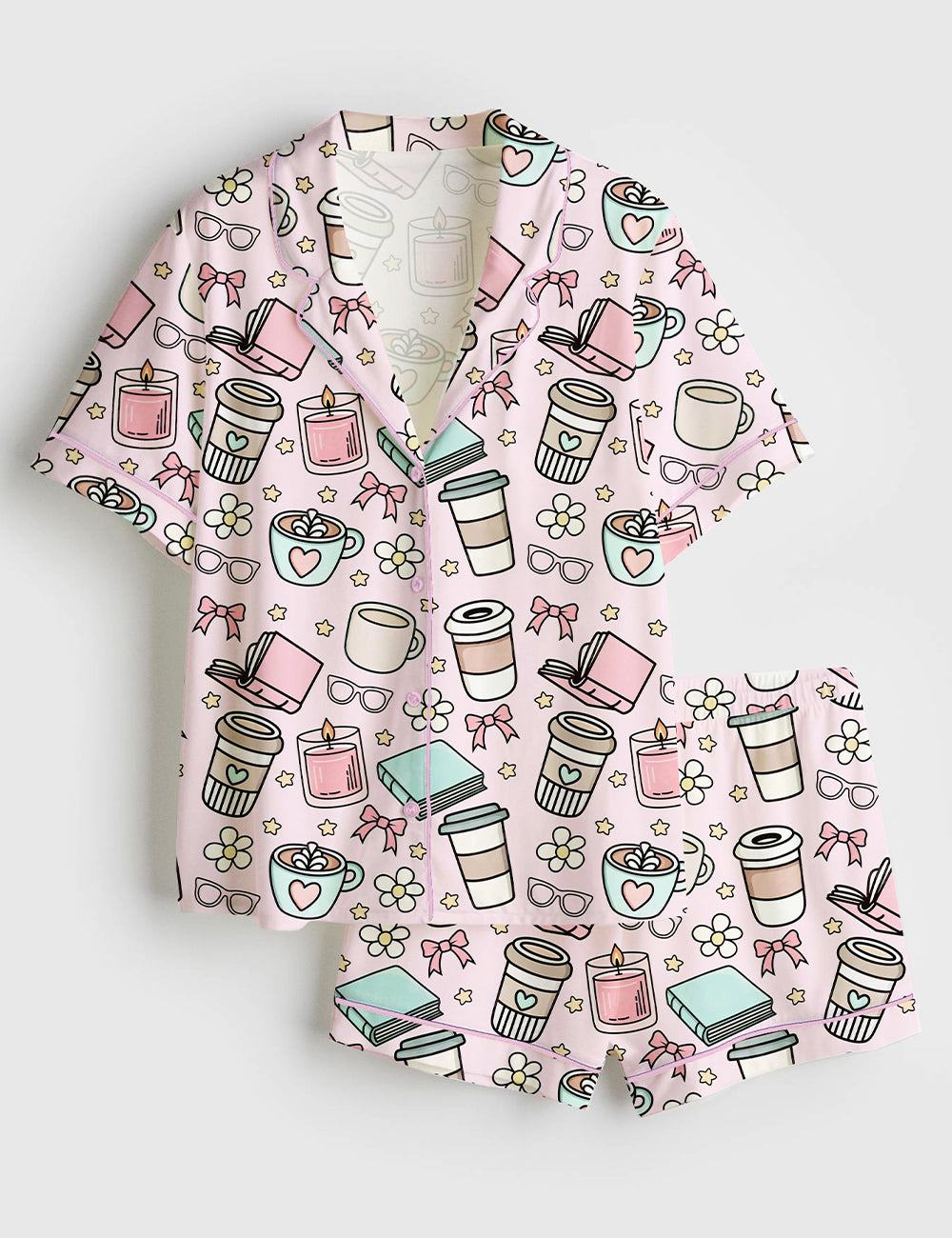 Women’s Books And Coffee Girly Morning Reading Bookish Coffee Print Short Sleeve Satin Pajama Set