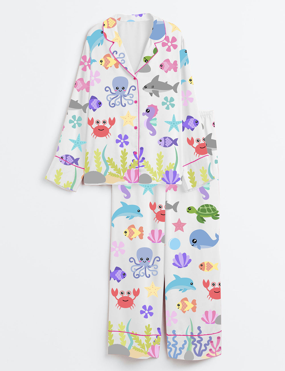 Women’s Cute Ocean Sea Animals Starfish Whale Octopus Shark Fish Turtle Seaweed Print Long Sleeve Satin Pajama Set