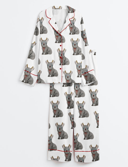 Women’s Christmas Reindeer Frenchie Dog Frenchie Puppy Antlers And Red Nose Long Sleeve Satin Pajama Set