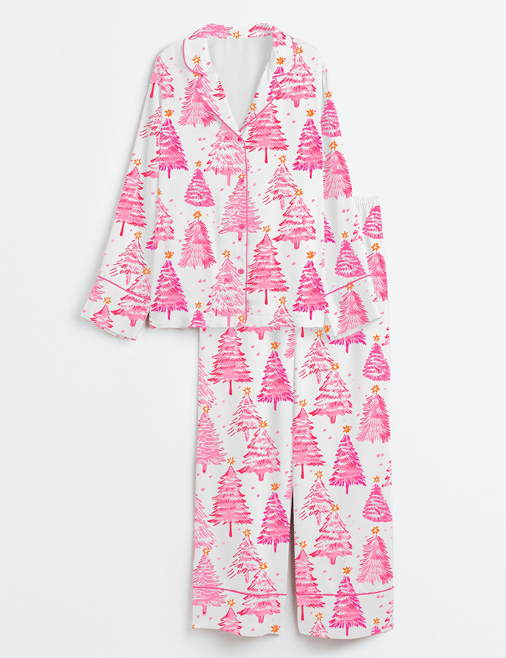 Women’s Preppy Pink Christmas Trees Long Sleeve Satin Pajama Set