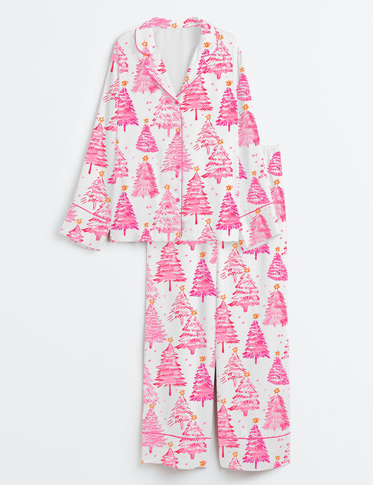Women’s Preppy Pink Christmas Trees Long Sleeve Satin Pajama Set
