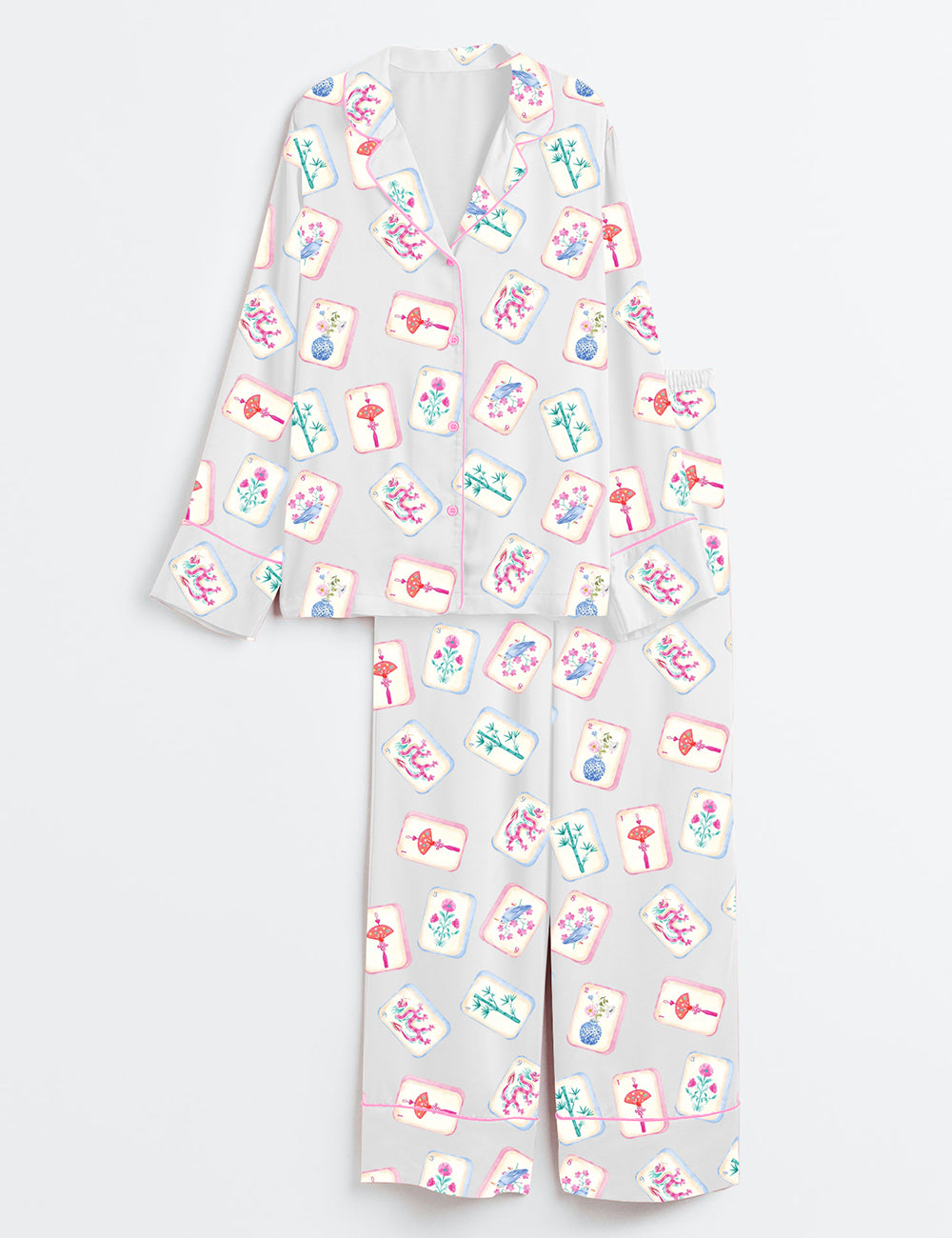 Women’s Watercolor Mahjong Party Long Sleeve Satin Pajama Set