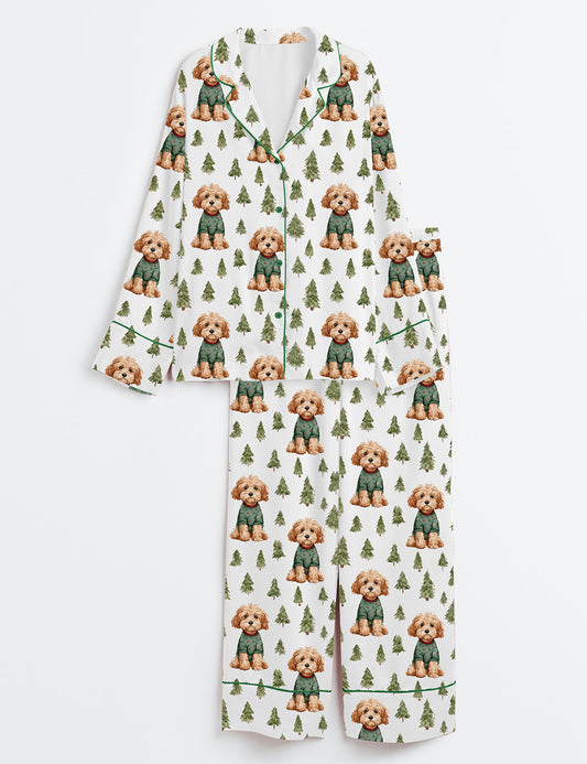 Women’s Christmas Dog Cockapoo Long Sleeve Satin Pajama Set