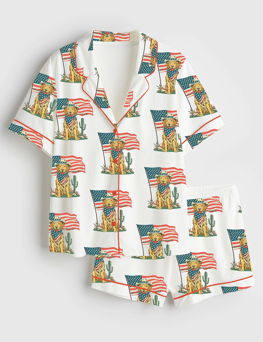 Women’s American Golden Retriever Cowboy Dog American Flag 4th Of July Western Short Sleeve Satin Pajama Set