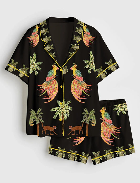 Women’s Coconut Tree Peacock Monkey Plant Short Sleeve Satin Pajama Set