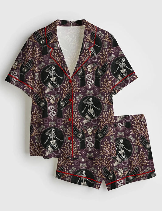 Women’s Phantasmagoria Mermaid Skeleton Hands Eyes Snake Scary Plants And Moths Halloween Short Sleeve Satin Pajama Set