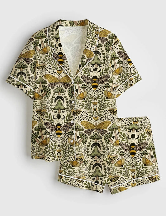 Women’s Large  Scale Natural Habitat of Bees and Moths Wild Grass And Flowers Short Sleeve Satin Pajama Set