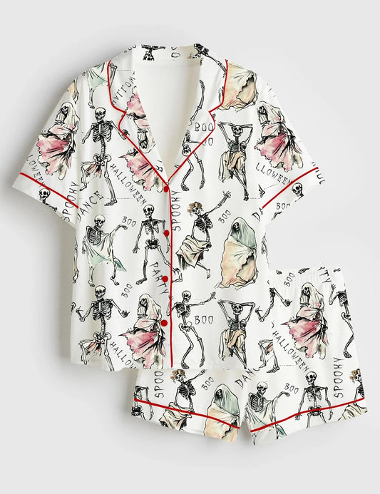 Women’s Halloween Dancing Skeleton Short Sleeve Satin Pajama Set