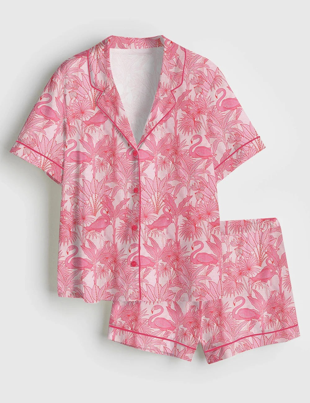 Women’s Summer Pink Flamingo Short Sleeve Satin Pajama Set