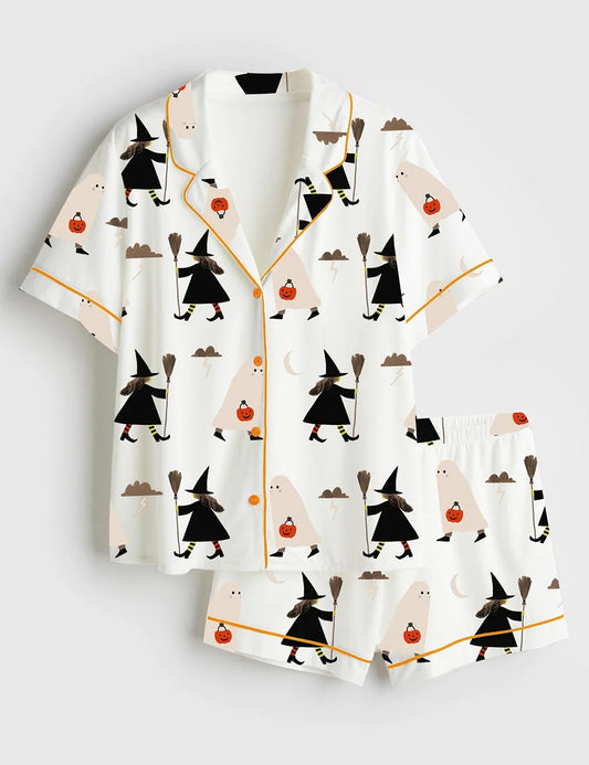 Women’s A Witch Holding A Broom And A Ghost Holding A Pumpkin Halloween Short Sleeve Satin Pajama Set