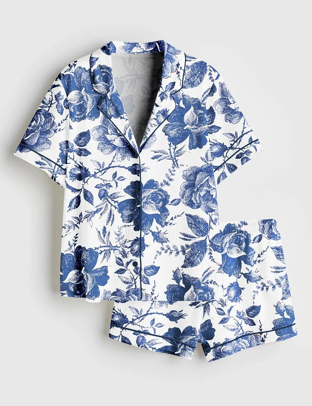 Women's Rose To Fame Blue & White Rose Floral Long Sleeve Satin Pajama Set