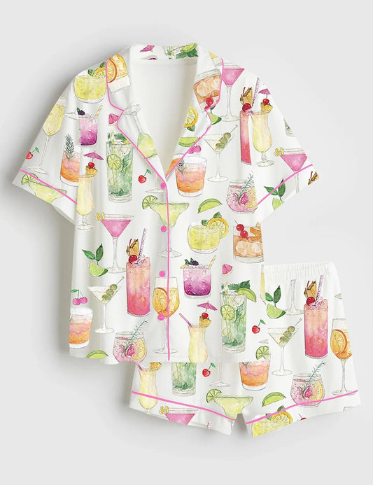 Women's Summer Cocktail Wine Lovers Old Fashioned Short Sleeve Satin Pajama Set