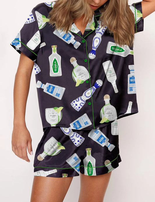 Tequila Bottle Satin Pajama Set For Women