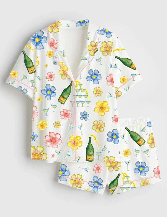 Women’s Champagne Martini Floral Short Sleeve Satin Pajama Set