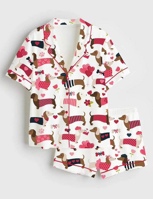Women's Valentine Dachshund Dog Short Sleeve Satin Pajama Set