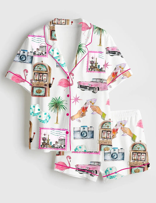 Women’s Las Vegas Bachelorette Cocktail Club Girls Trip Country Club Short Sleeve Satin Pajama Set