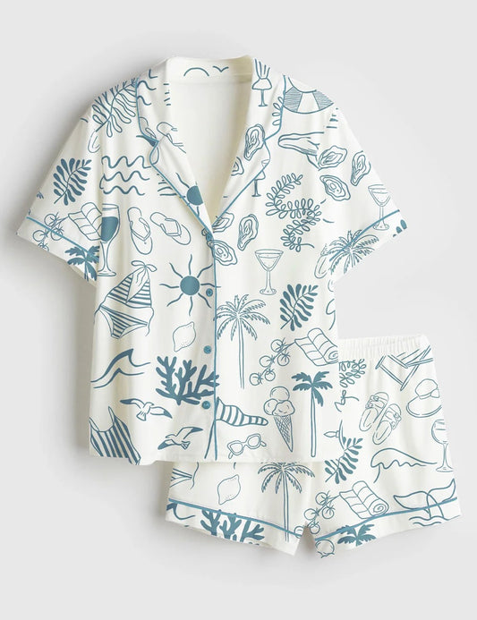 Women’s Hand Drawn Summer Beach Ocean Coastal Summer Nautical Bachelorette Print Short Sleeve Satin Pajama Set